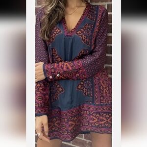FREE PEOPLE Meadow Mod Mini Dress Moody Combo, Long Sleeve, Size L